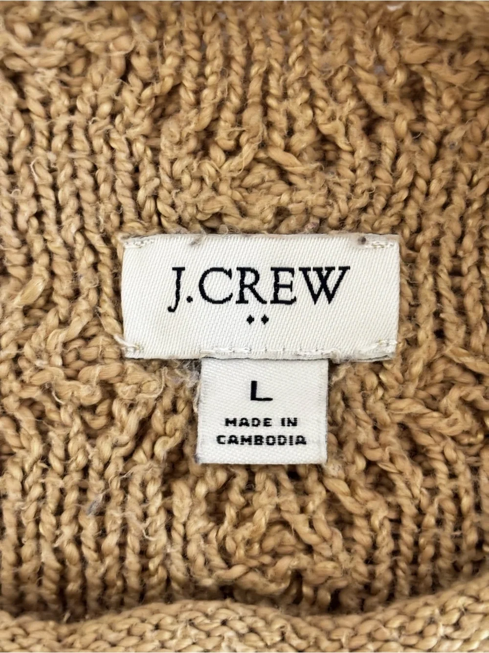 J.Crew Cable Knit Rolled Neck Sweater Large Tan Cotton Blend Fisherman Knit
